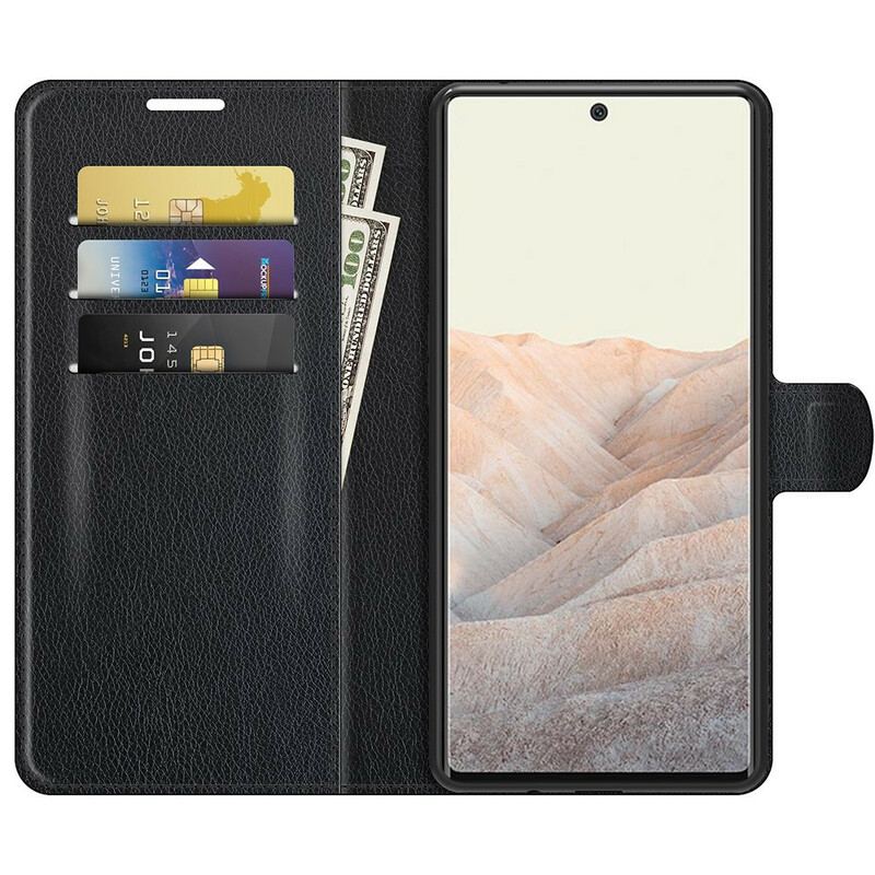 Capa Folio Para Google Pixel 6 Pro Couro Sintético De Lichia Clássico