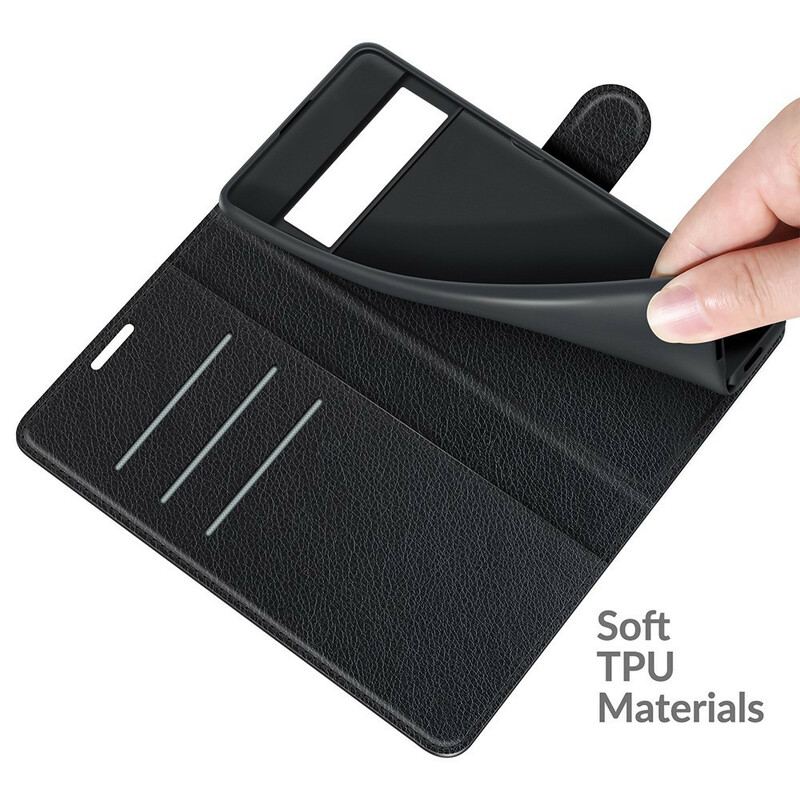 Capa Folio Para Google Pixel 6 Pro Couro Sintético De Lichia Clássico