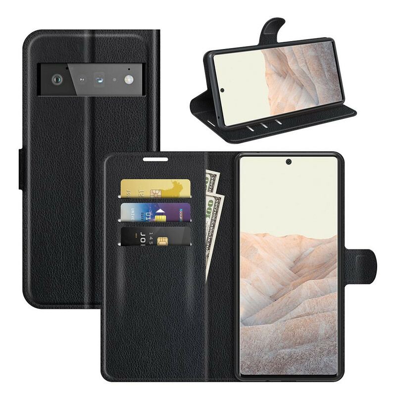 Capa Folio Para Google Pixel 6 Pro Couro Sintético De Lichia Clássico