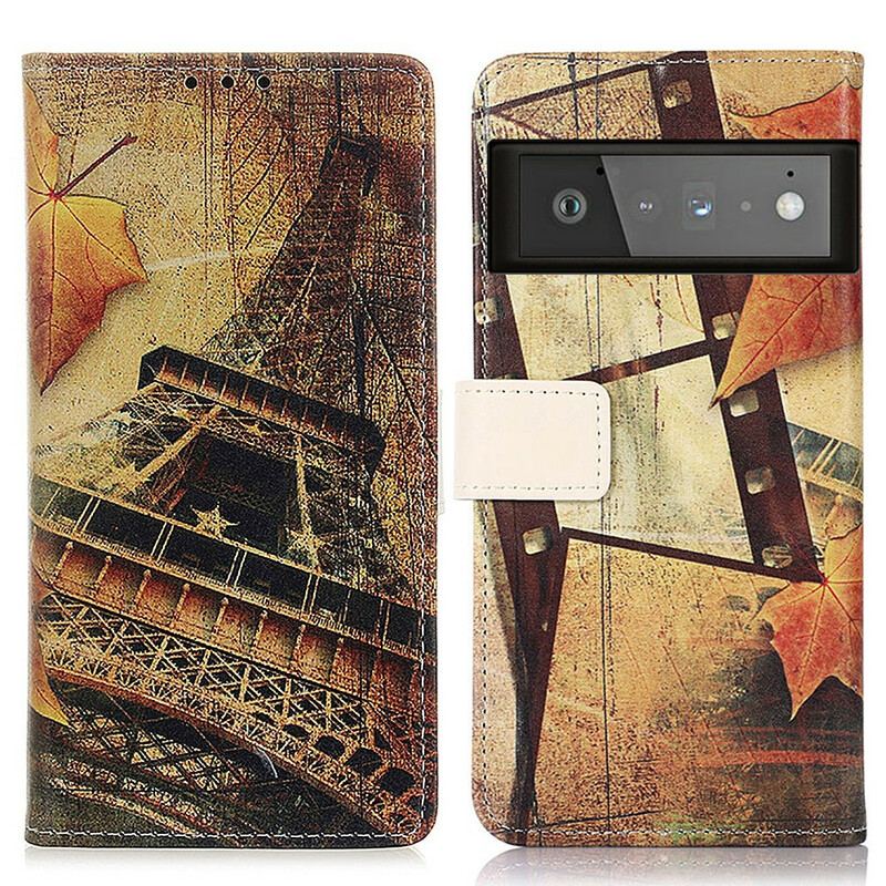 Capa Folio Para Google Pixel 6 Pro Torre Eiffel No Outono