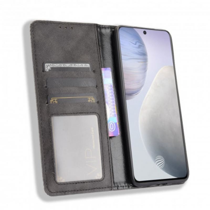 Capa De Celular Para Vivo X60 Flip Efeito Couro Vintage Estilizado