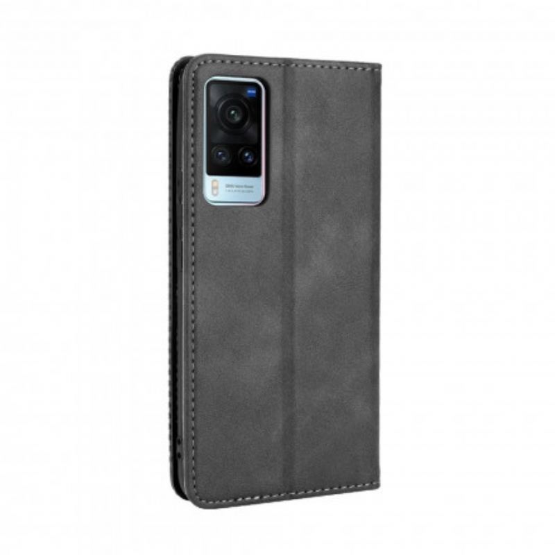 Capa De Celular Para Vivo X60 Flip Efeito Couro Vintage Estilizado