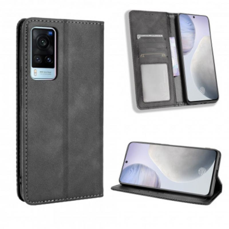 Capa De Celular Para Vivo X60 Flip Efeito Couro Vintage Estilizado