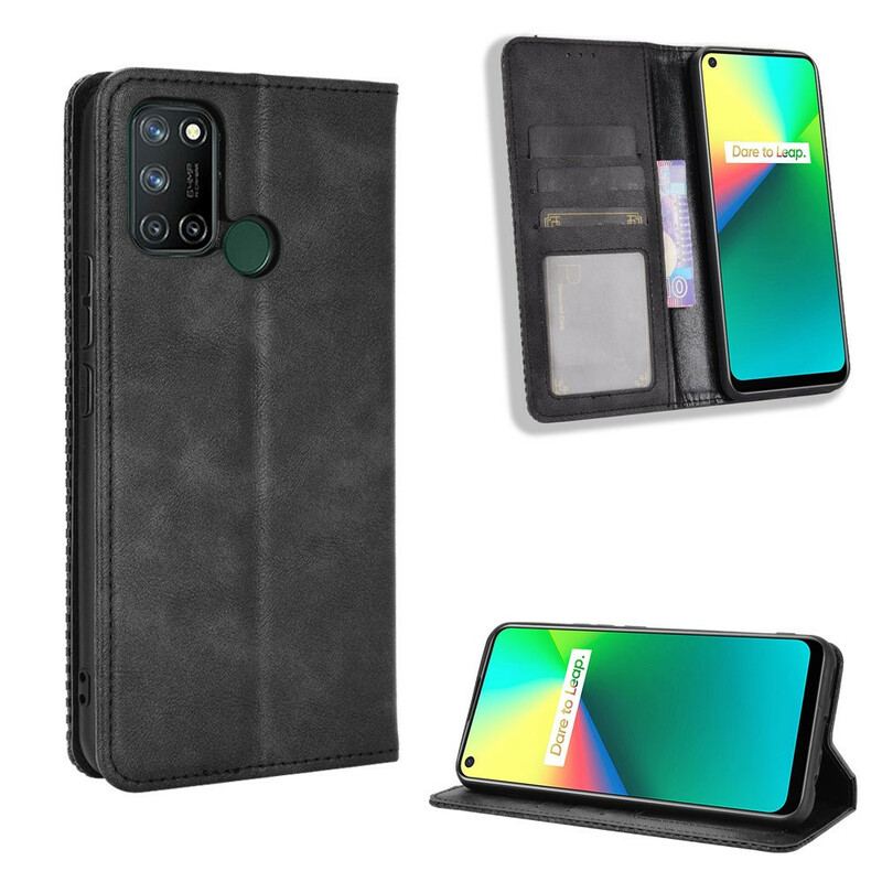 Capa De Celular Para Realme 7i Flip Efeito Couro Vintage Estilizado