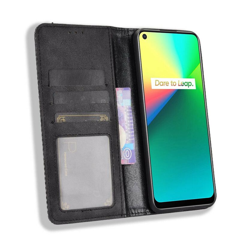 Capa De Celular Para Realme 7i Flip Efeito Couro Vintage Estilizado