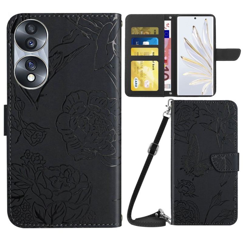 Capa De Couro Para Honor 70 Borboletas E Alça De Ombro