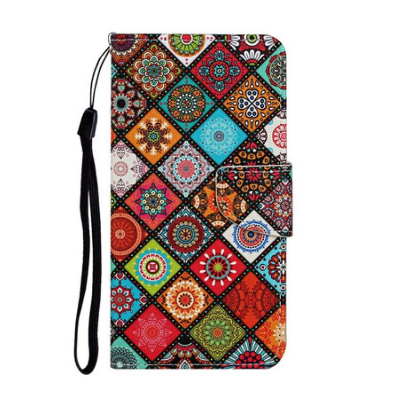 Capa De Couro Para iPhone 12 Pro Max Mandalas De Patchwork Com Cordão