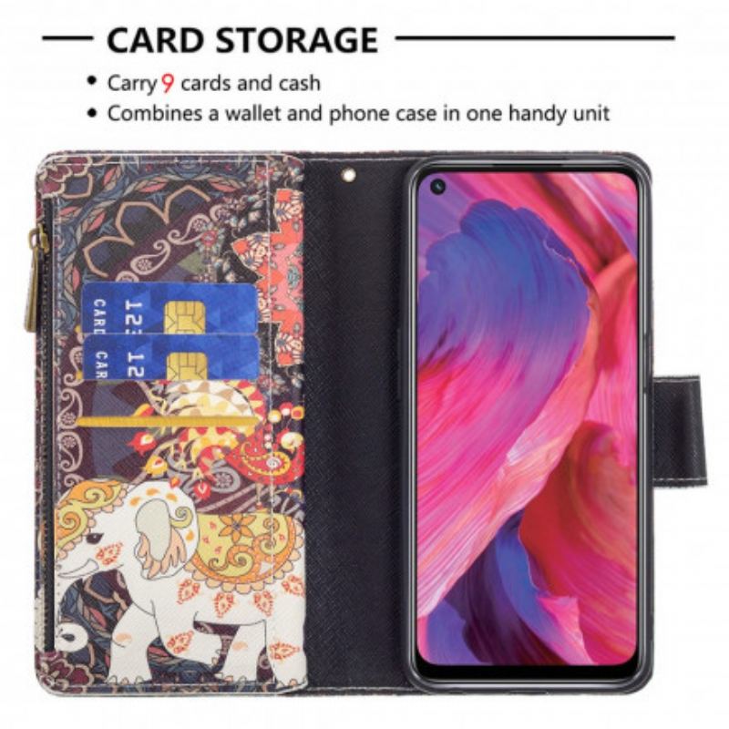 Capa Em Pele Para Oppo A54 5G / A74 5G Bolso Elefante Com Zíper