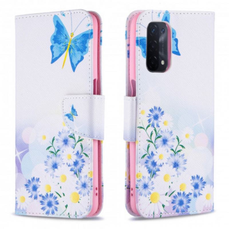 Capa Em Pele Para Oppo A54 5G / A74 5G Borboletas E Flores Pintadas
