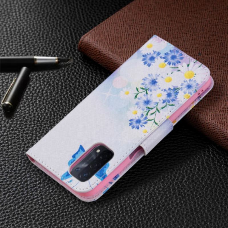 Capa Em Pele Para Oppo A54 5G / A74 5G Borboletas E Flores Pintadas