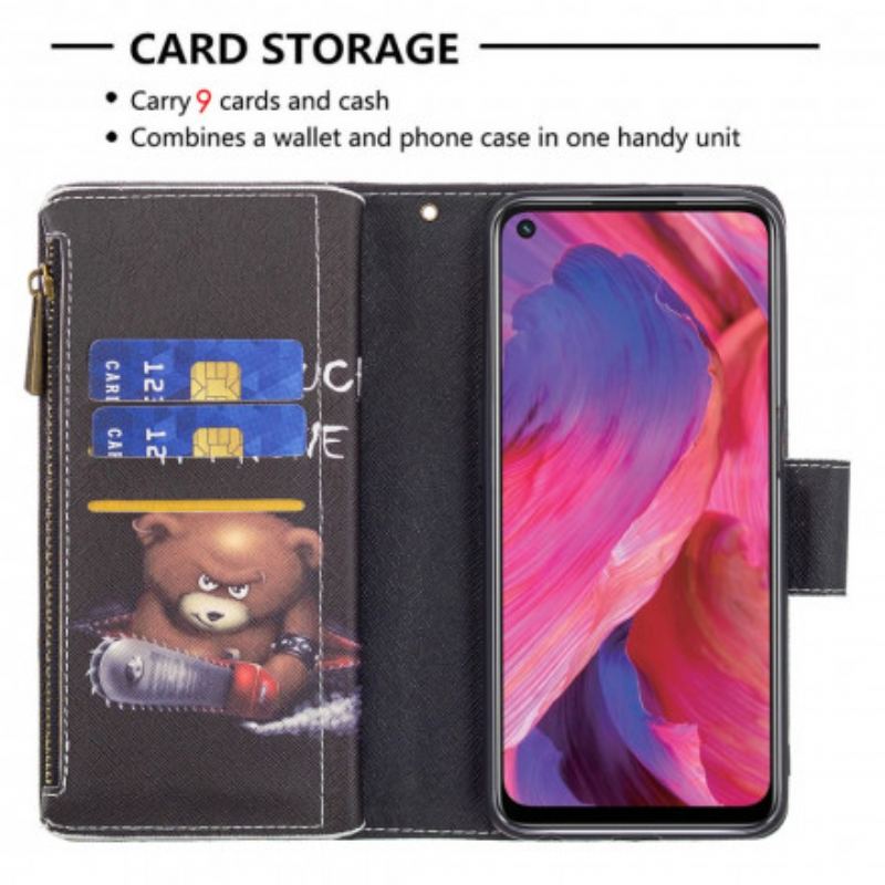 Capa Flip Para Oppo A54 5G / A74 5G Urso De Bolso Com Zíper