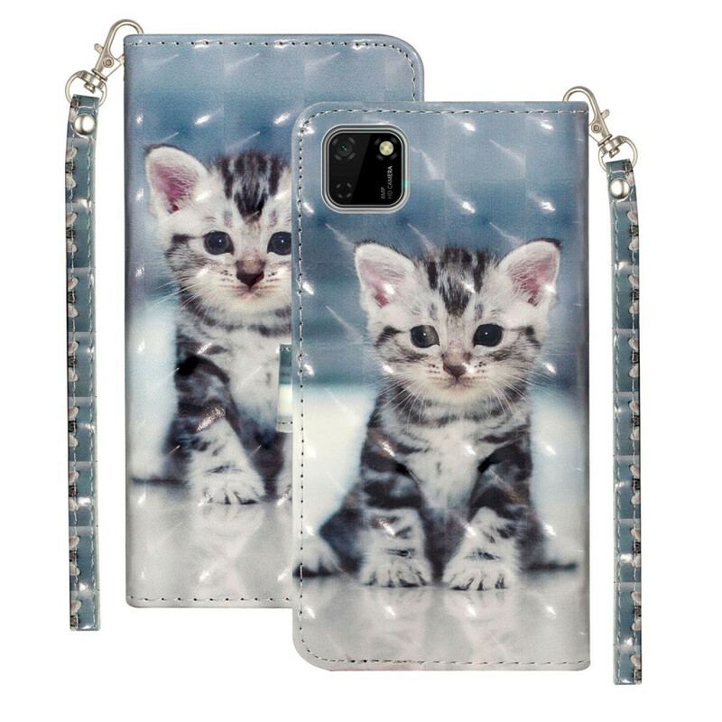 Capa De Couro Para Huawei Y5p De Cordão Pontos De Luz Gatinho Com Alça