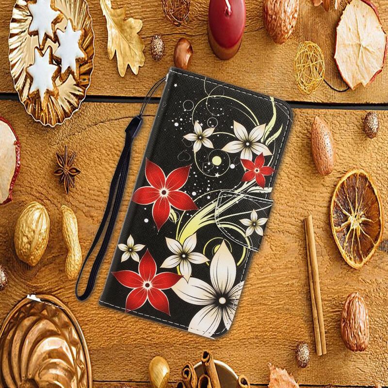 Capa Flip Para Samsung Galaxy S20 De Cordão Flores Coloridas Com Tiras