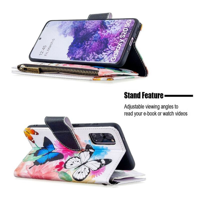 Capa Folio Para Samsung Galaxy S20 Bolso Com Zíper De Borboletas