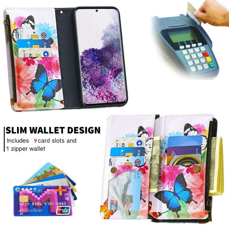 Capa Folio Para Samsung Galaxy S20 Bolso Com Zíper De Borboletas