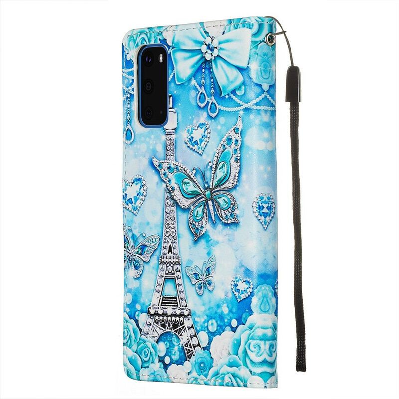 Capa Folio Para Samsung Galaxy S20 De Cordão Correia Borboleta Torre Eiffel