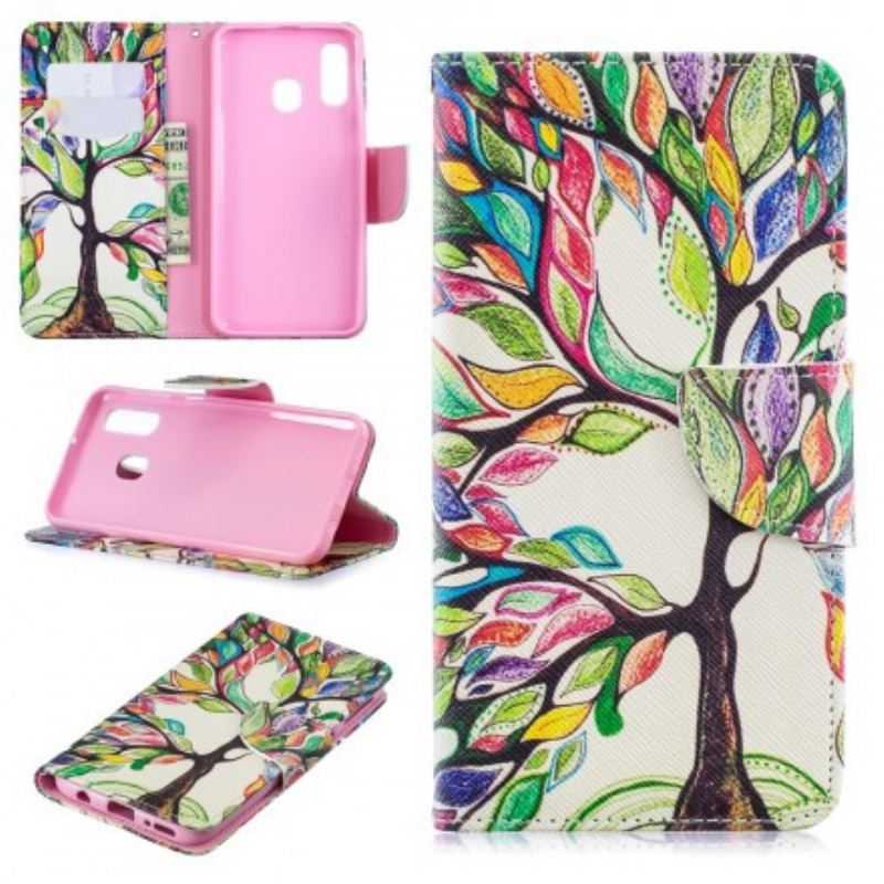 Capa De Couro Para Samsung Galaxy A40 Árvore Colorida