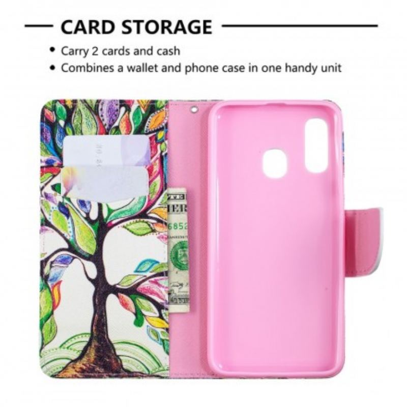 Capa De Couro Para Samsung Galaxy A40 Árvore Colorida