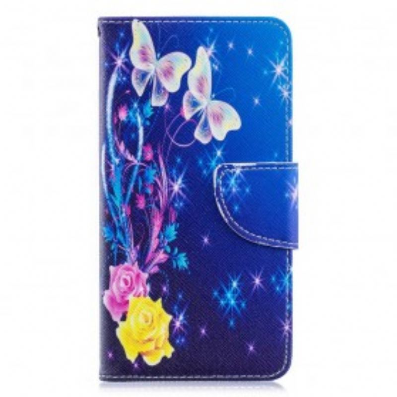 Capa De Couro Para Samsung Galaxy A40 Borboletas Coloridas À Noite