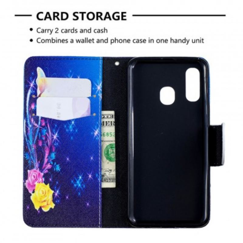 Capa De Couro Para Samsung Galaxy A40 Borboletas Coloridas À Noite