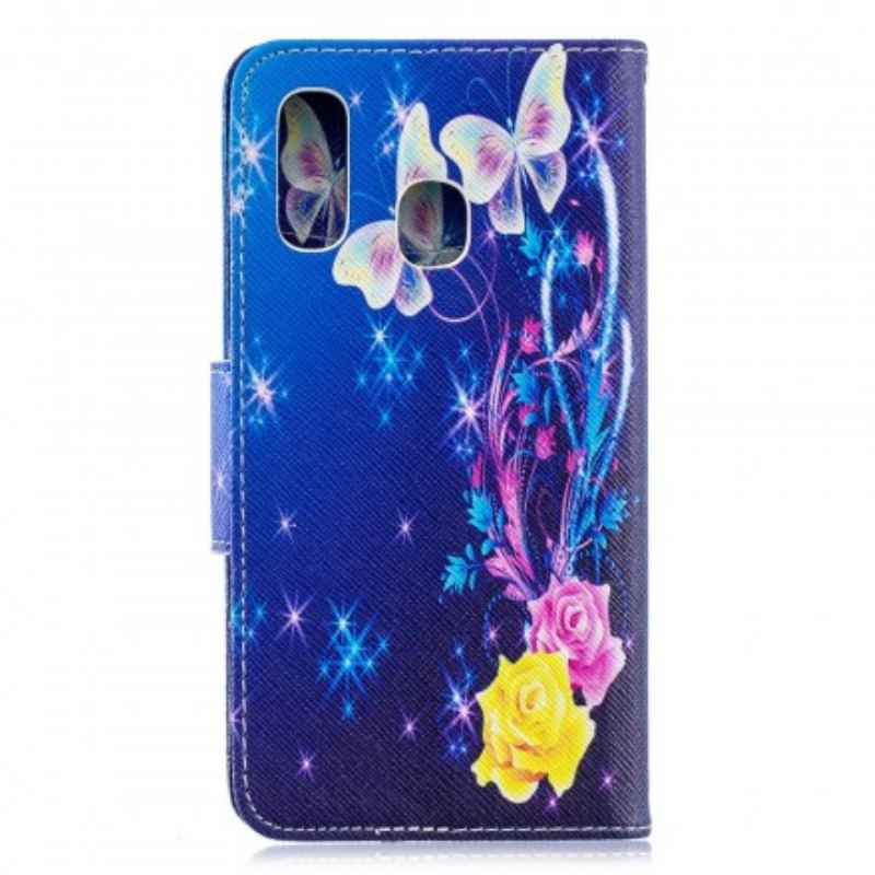 Capa De Couro Para Samsung Galaxy A40 Borboletas Coloridas À Noite
