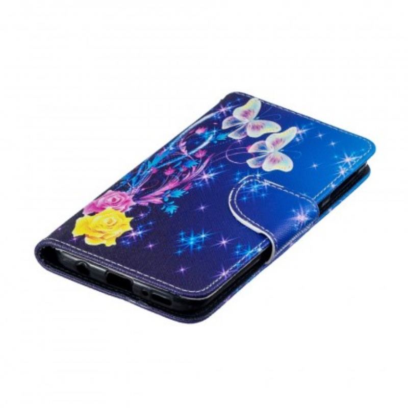 Capa De Couro Para Samsung Galaxy A40 Borboletas Coloridas À Noite