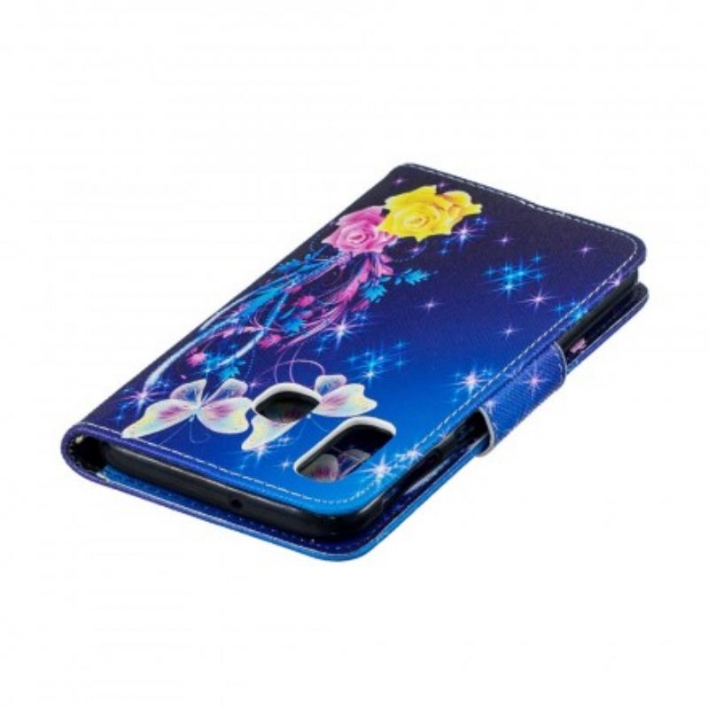 Capa De Couro Para Samsung Galaxy A40 Borboletas Coloridas À Noite