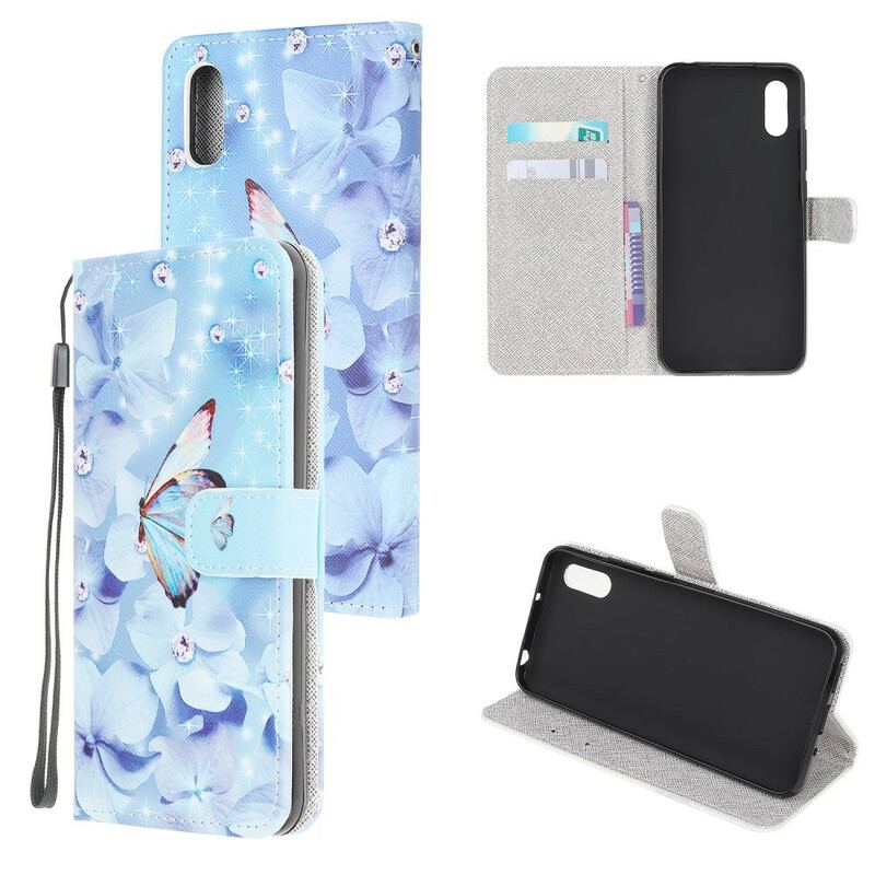 Capa De Couro Para Xiaomi Redmi 9A De Cordão Borboletas Strappy Diamond