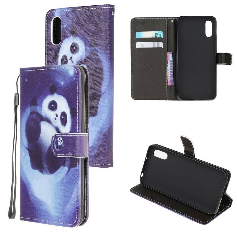 Capa De Couro Para Xiaomi Redmi 9A De Cordão Espaço Panda Com Lanyard
