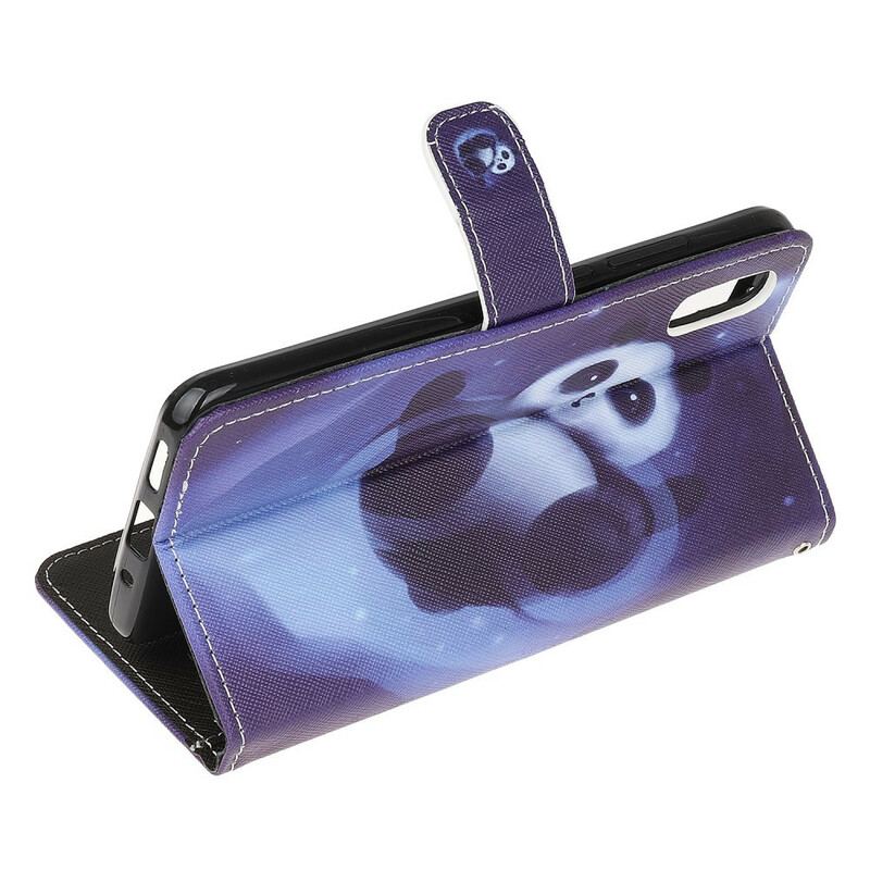 Capa De Couro Para Xiaomi Redmi 9A De Cordão Espaço Panda Com Lanyard