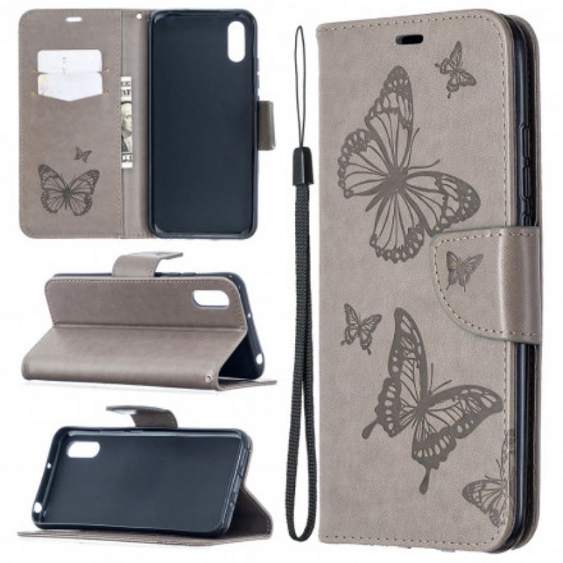 Capa De Couro Para Xiaomi Redmi 9A De Cordão Strappy Estampado Borboletas