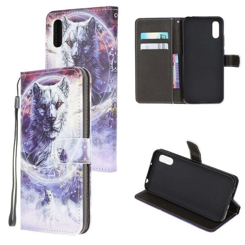 Capa Flip Para Xiaomi Redmi 9A Lobo No Inverno Com Cordão