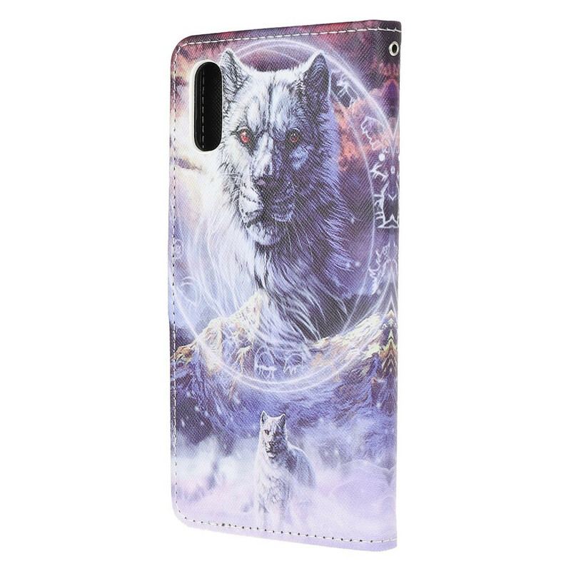 Capa Flip Para Xiaomi Redmi 9A Lobo No Inverno Com Cordão