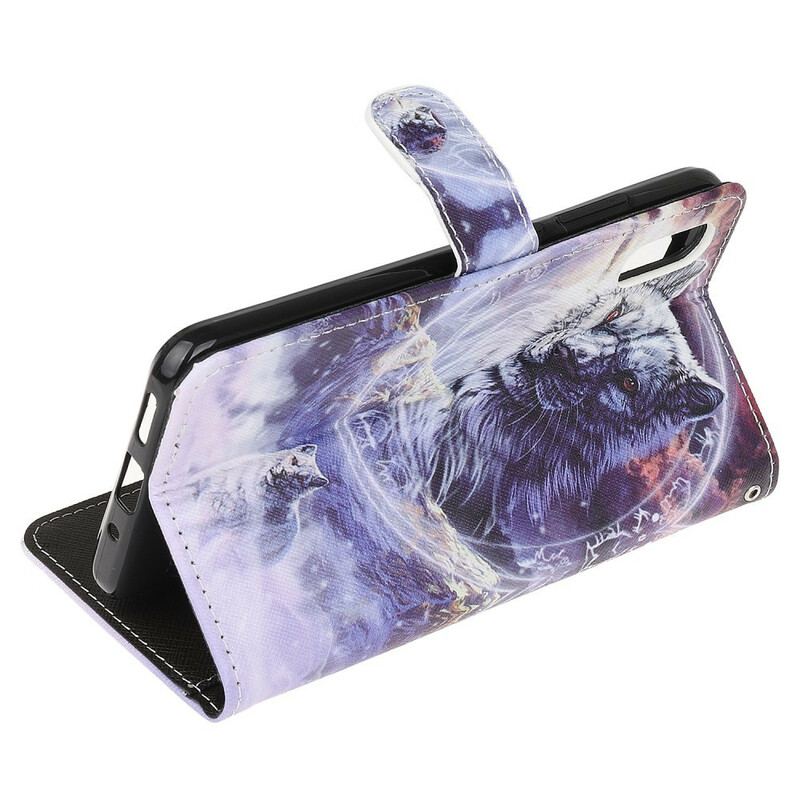 Capa Flip Para Xiaomi Redmi 9A Lobo No Inverno Com Cordão