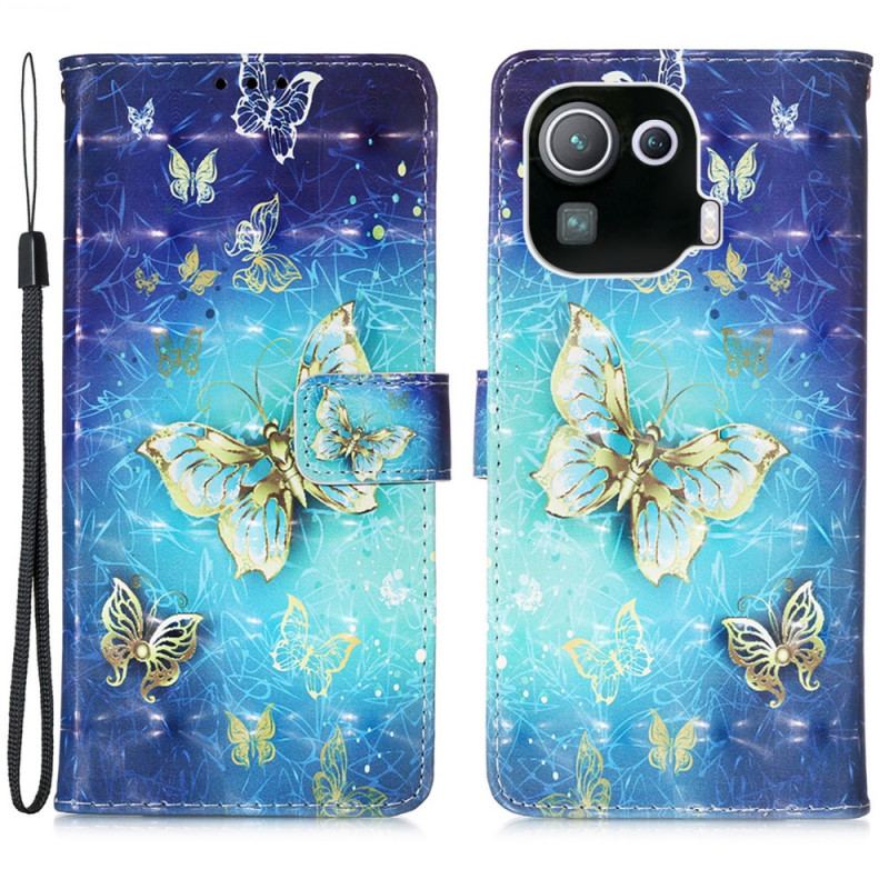 Capa De Couro Para Xiaomi Mi 11 Pro Borboletas Douradas