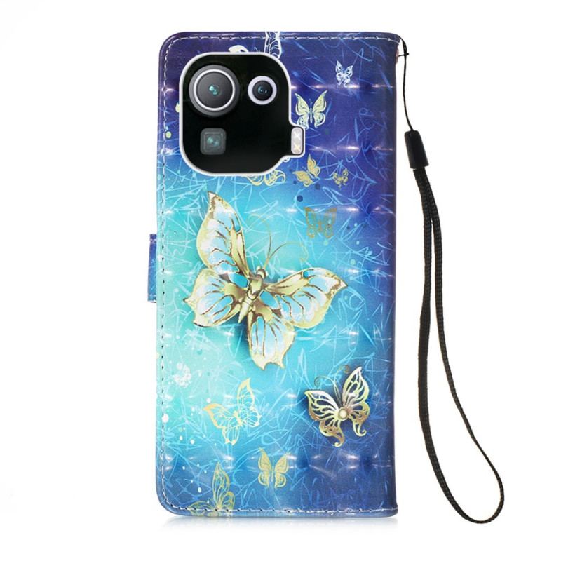 Capa De Couro Para Xiaomi Mi 11 Pro Borboletas Douradas