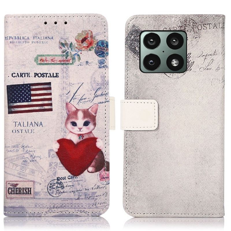Capa Em Pele Para OnePlus 10 Pro 5G Gato Viajante