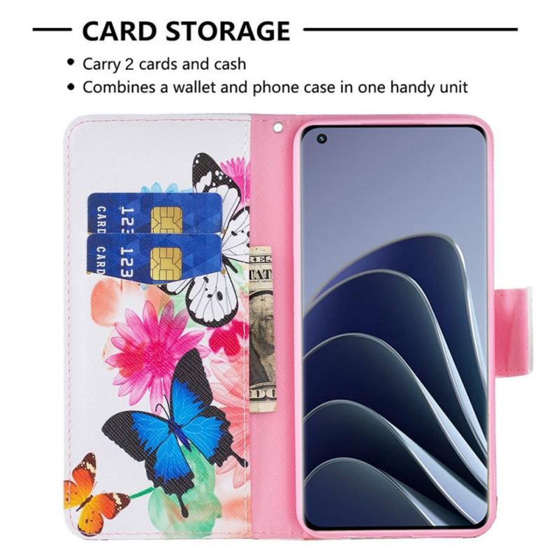 Capa Folio Para OnePlus 10 Pro 5G Aquarela Borboletas