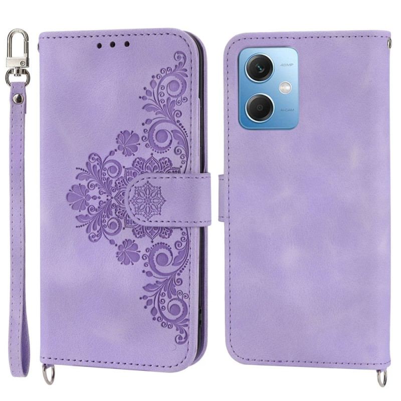 Capa Flip Para Poco X5 5G Floral Com Alça E Alça De Ombro