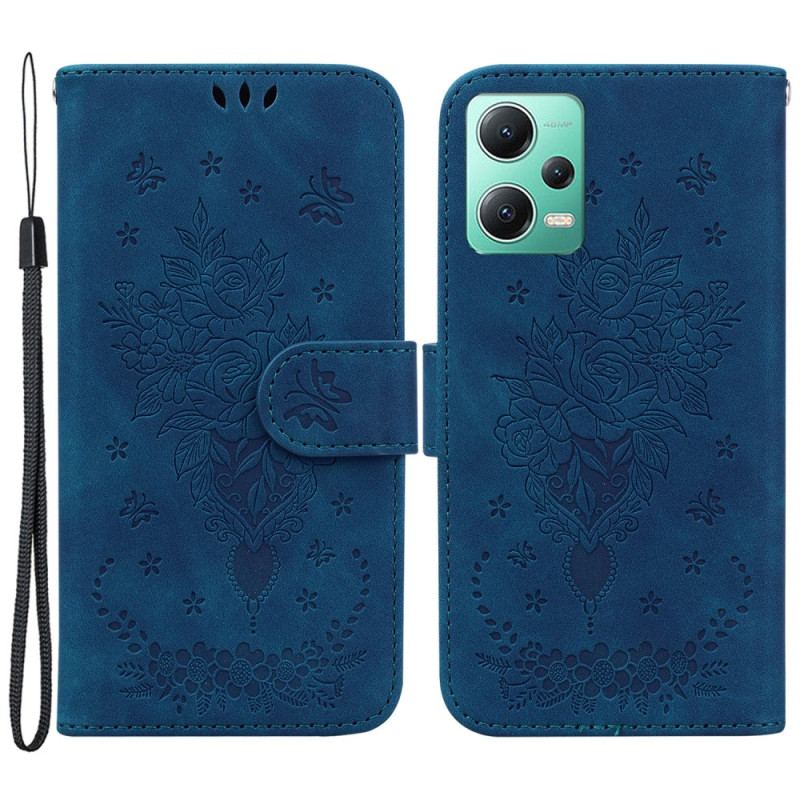 Capa Folio Para Poco X5 5G De Cordão Strappy Rosas E Borboletas