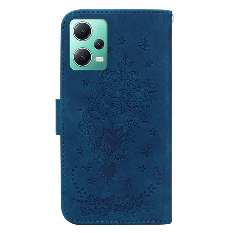 Capa Folio Para Poco X5 5G De Cordão Strappy Rosas E Borboletas