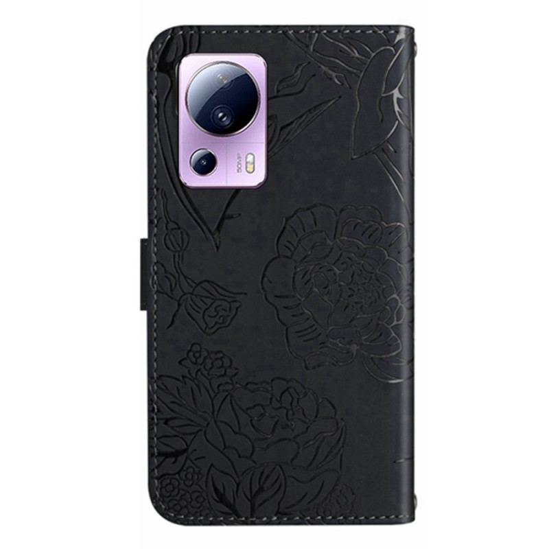 Capa De Couro Para Xiaomi 13 Lite Borboletas E Cordão