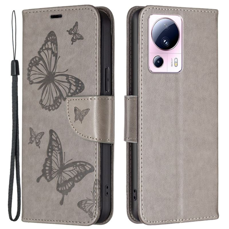 Capa De Couro Para Xiaomi 13 Lite De Cordão Strappy Estampado Borboletas
