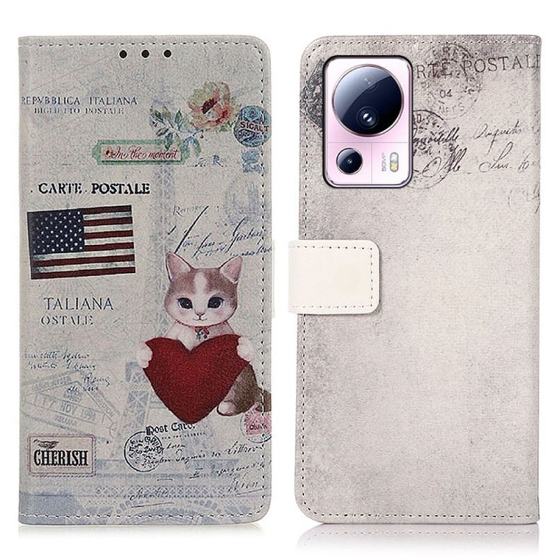 Capa De Couro Para Xiaomi 13 Lite Gato Viajante