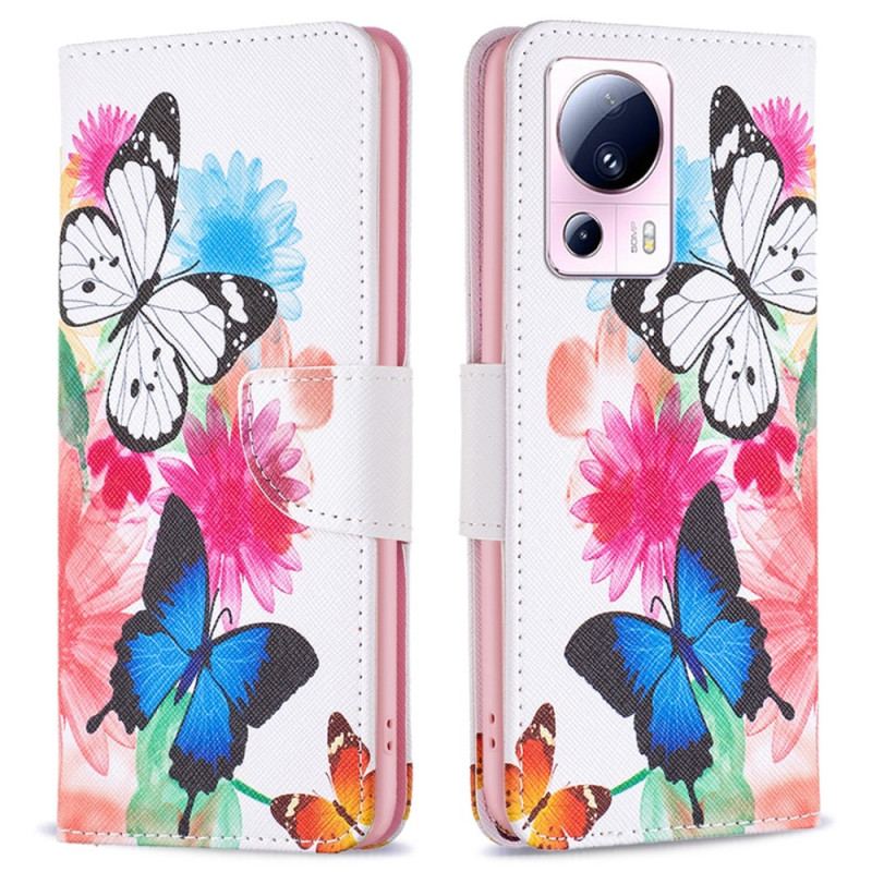 Capa Flip Para Xiaomi 13 Lite Aquarela Borboletas