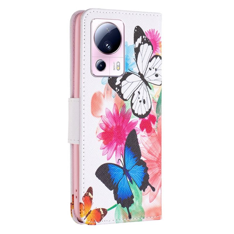 Capa Flip Para Xiaomi 13 Lite Aquarela Borboletas