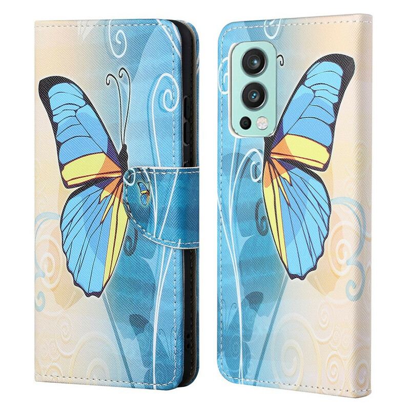 Capa Folio Para OnePlus Nord 2 5G Borboleta Azul E Amarela
