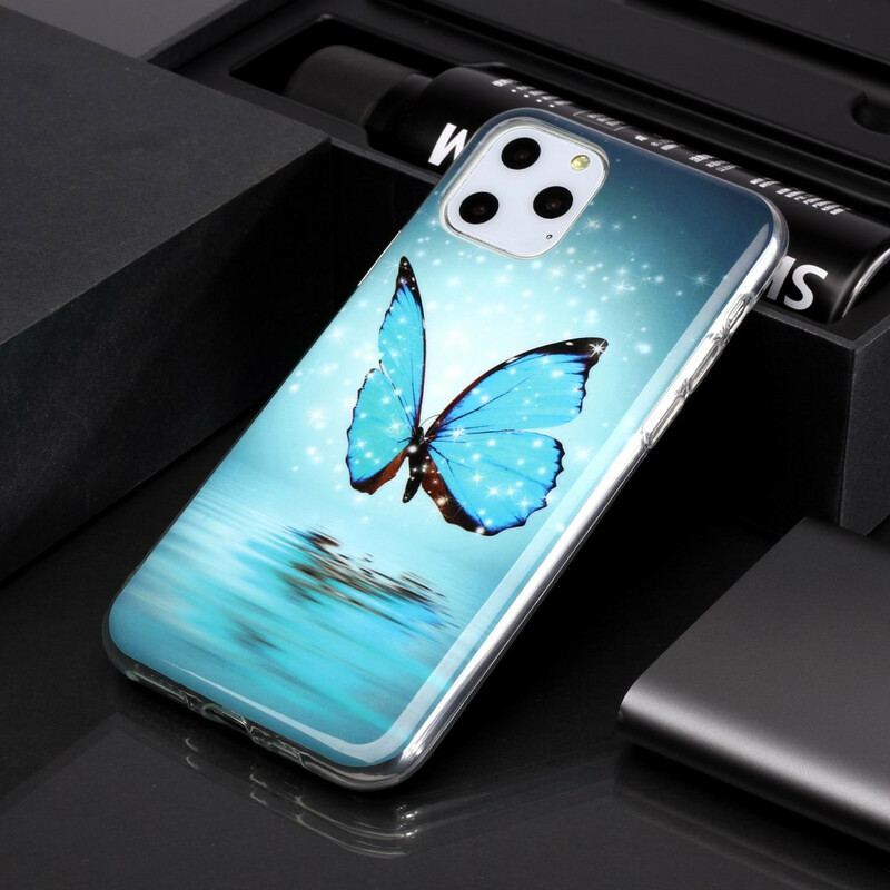 Capa Para iPhone 11 Pro Borboleta Azul Fluorescente