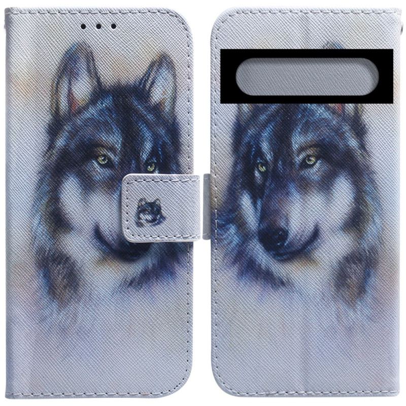 Capa De Couro Para Google Pixel 7 Pro Aquarela Lobo