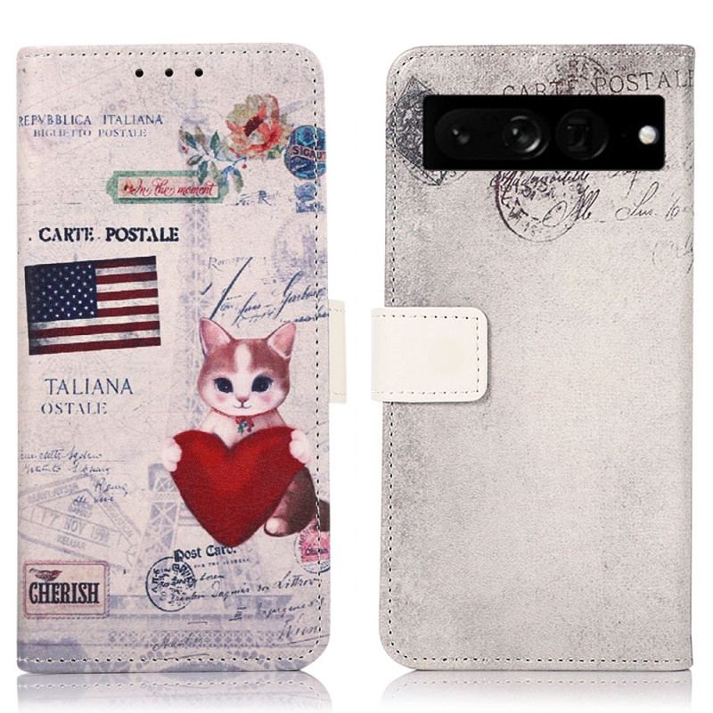 Capa Flip Para Google Pixel 7 Pro Gato Viajante
